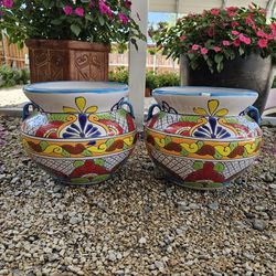 Turquoise Rim Talavera Clay Pots, Planters. Plants. Pottery $45 Cada Una