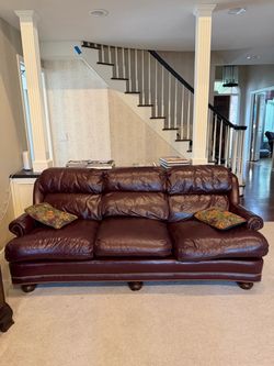 Burgundy Leather Sofa with Nailhead Trim
