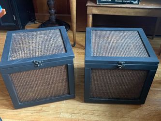 Pretty pair of vintage wood and woven panel storage boxes