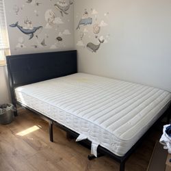 Queen Bed Frame, Mattress, And Mattress Protector 