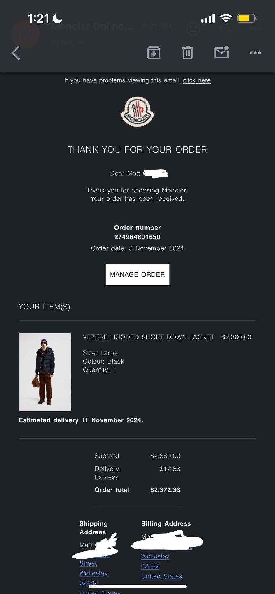 Authentic Men’s Moncler Puffer Jacket With Receipt