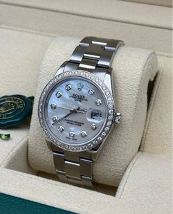 1996 Rolex Datejust 15200 34mm stainless steel oyster bracelet natural diamond MOP dial white gold diamond bezel watch box appraisal