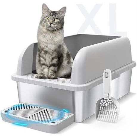 Stainless Steel Cat Litter Box with Lid Extra Large Litter Box for Big Cats XL Metal Litter Pan Tray with High Wall Sides Enclosure, Non-Sticky, Anti-