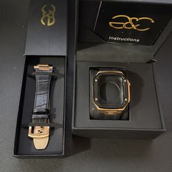 Luxury Apple Watch Case 45mm Rose Gold w/ Rubber + Leather Strap – Series 7 / 8 / 9 Compatible