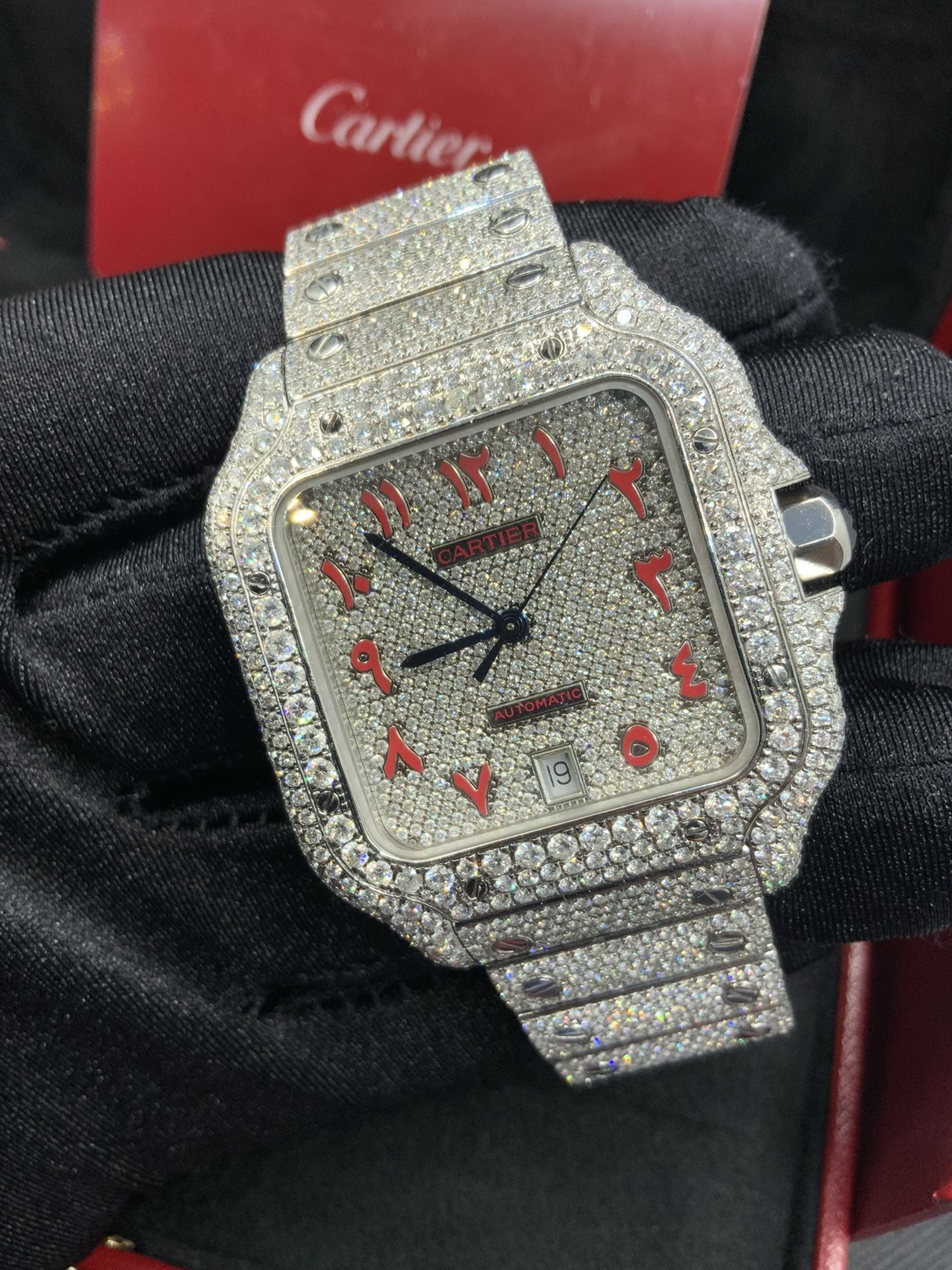 New Cartier Santos XL red Arabic number full VVS1 natural Diamond (Complete Set)