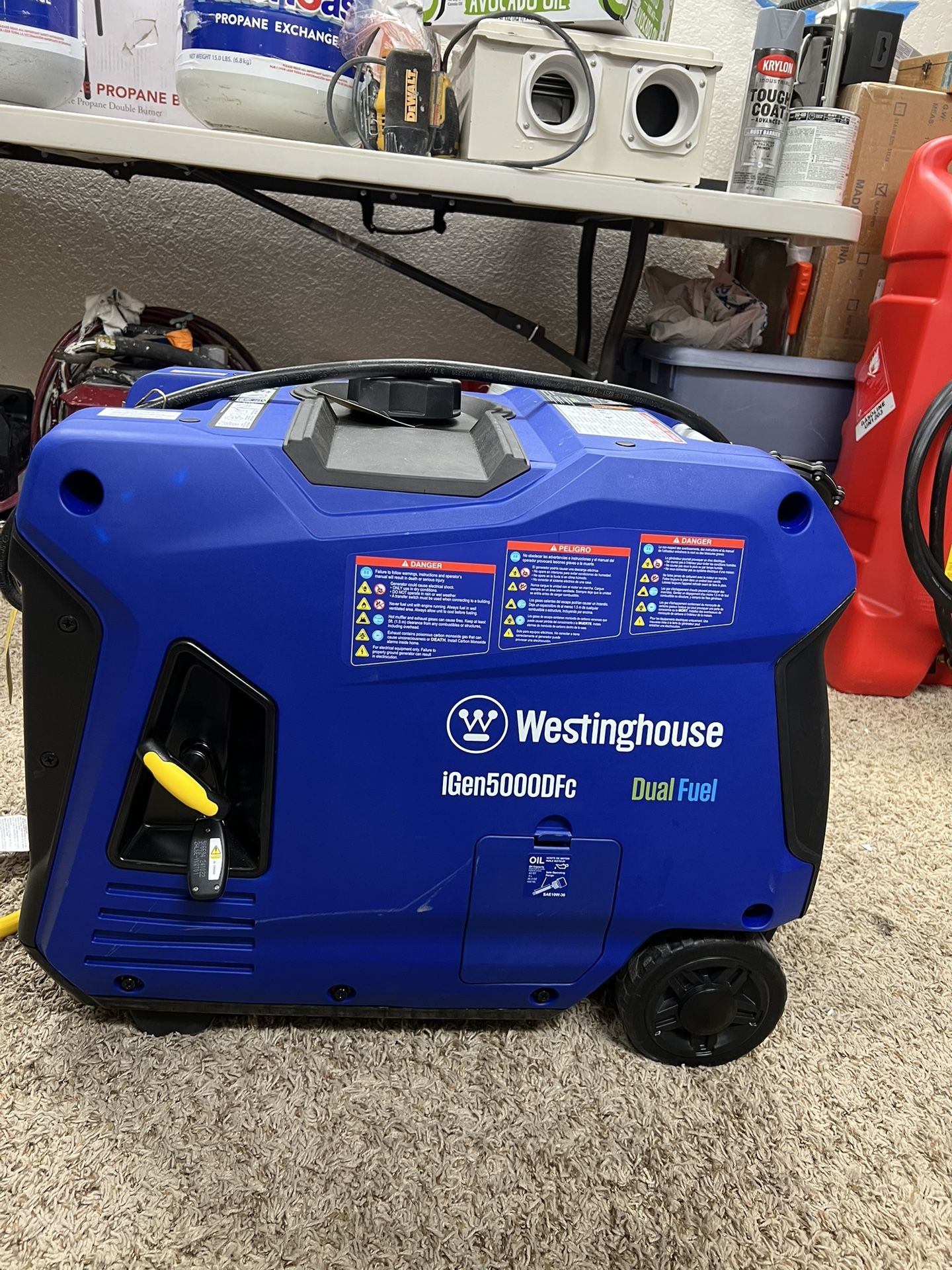 Westinghouse iGEN5000 generator w/remote start, plugs, propane tank, 14-gal gas tank/pump