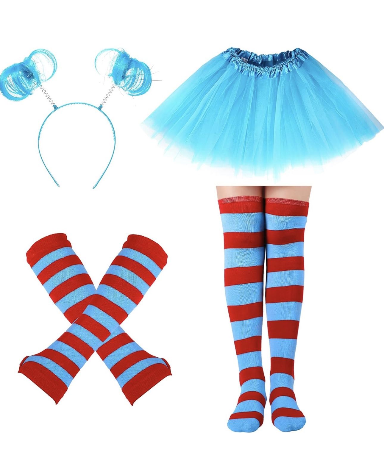 Hicarer 4 Costume Set for Women Include Red Blue Tulle Tutu Skirt Striped Socks Stretchy Gloves Ponytails Headband