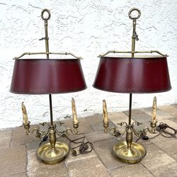 Vintage 1970s Frederick Cooper Chicago Brass Swan Bouillotte Lamp & Barn Red Tole Shade - a pair