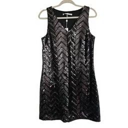 Trina Turk Black Sequin Sleeveless A-Line Mini Shift Dress V-Neck Size 4 _ Small