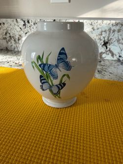 White With Blue Butterflies 6” Vase