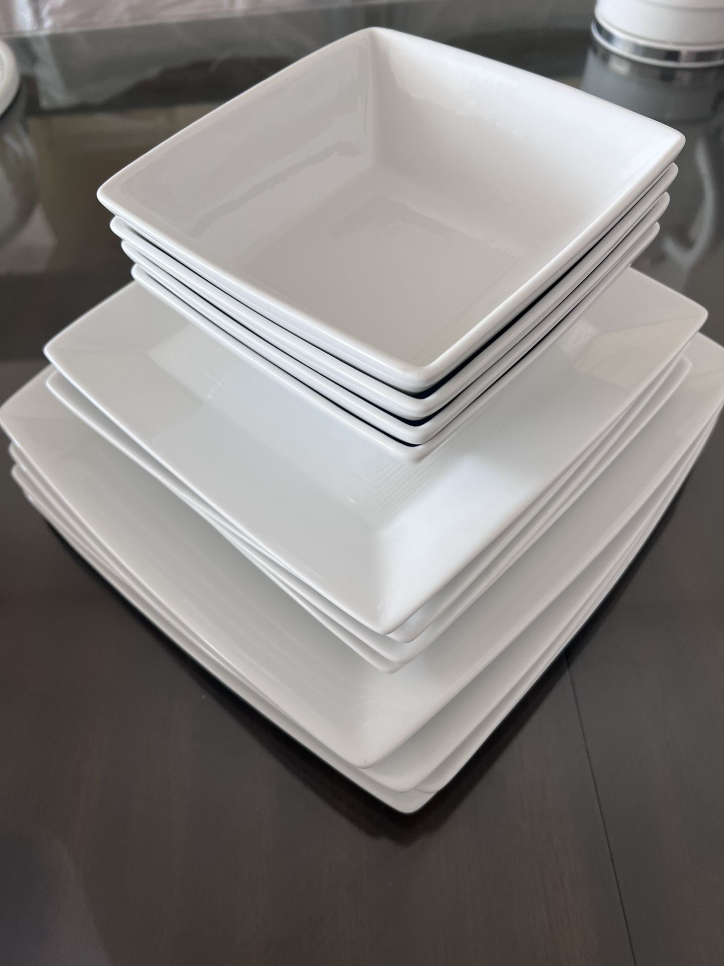 Home, Set Of 12 White Porcelain Square Plates: Dinner / Salad Dishes / Bowls