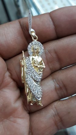 14k gold San judas charm 2 inch 8.9 grams cz stones