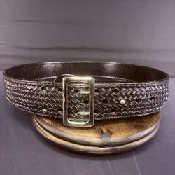 JS Leather Duty Belt Size 44" Black Basket Weave Chrome Brass Buckle Sam Browne