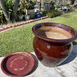 Large Used Ceramic Planter—Big Garden Pot with Saucer (20”rallx 21”wide $75 )