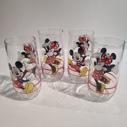 (New) Vintage Disney Mickey and Minnie Double Graphic Collectible 6" Drinking Glasses  Set Of 4