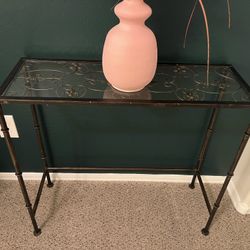 Bronzed Metal Console Table With Glass Top & Fleur-de-Lis Detail  