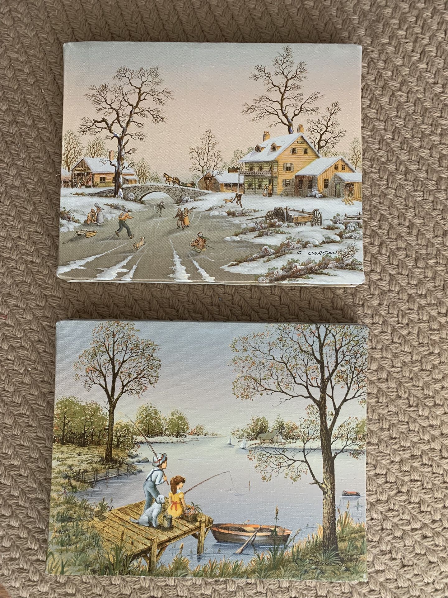 C. CARSON 8X10 OIL CANVAS PRINTS, CHILDREN FISHING + ICE SKATING SCENES, EXCELLENT CONDITION!