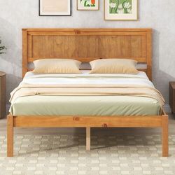 Bed Frame with Headboard Wood Slat Support No Box Spring Needed Full Oak