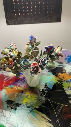 Hand-Painted Metal Rose Bouquet in White Vase
