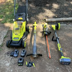 Ryobi ONE+ 18V 13 in. Cordless Battery Walk Behind Push Lawn Mower string trimmer, hedge trimmer, power scrubber, two batteries, one charger used 160