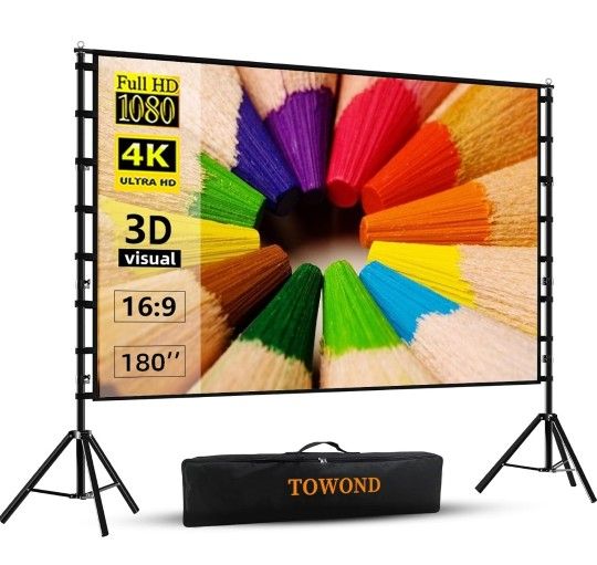 Projector Screen and Stand, 180 inch Outdoor Projector Screen 15 FT Large Projection Screen, Portable 16:9 4K HD Rear Front Movie Screen with Carry Ba