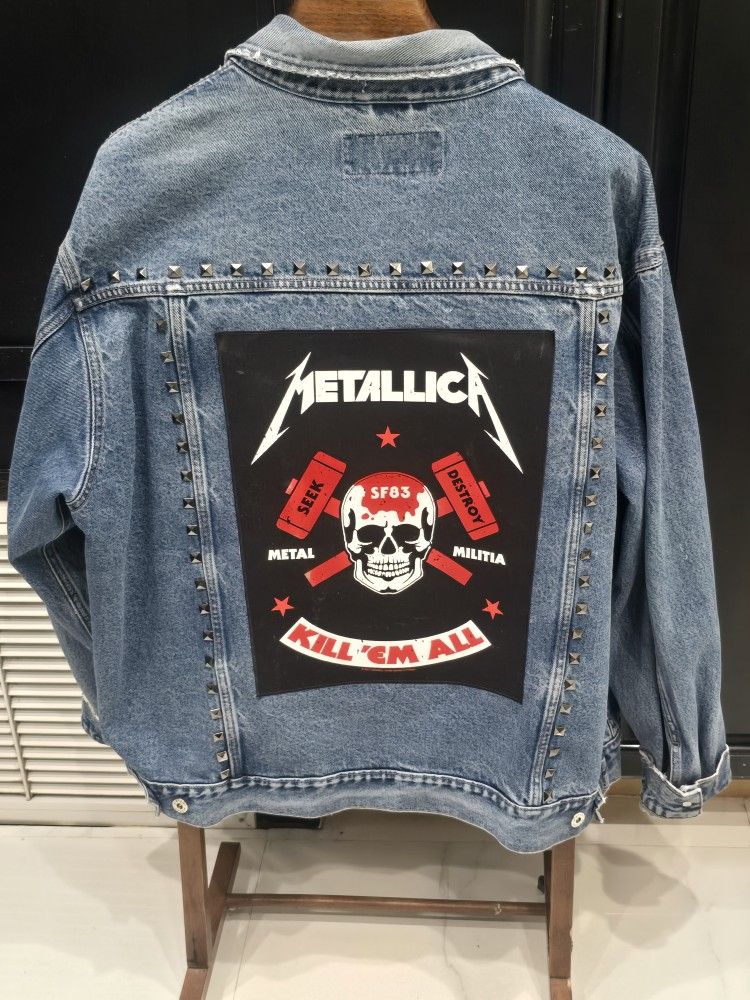 1990s METALLICA tribute Denim Spiked Jacket Vintage Patch Heavy Metal XXL
