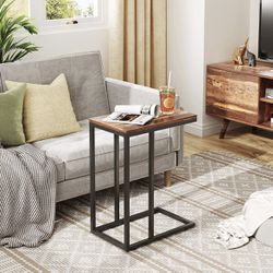 Small Accent Table Snack Side Table, C Shaped End Table for Sofa Couch and Bed, Retro Brown and Black
