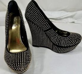 Women’s Posh Black and Gold Studded Wedges