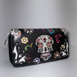 Sugar Skull Day of the Dead Cross Women Zipper Wristlet Wallet