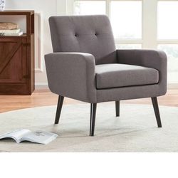 Gray Armchair for Reading | Wood | Mid-Century, Vintage | Living Room, Bedroom, Home Office, Study | Button Tufted Back