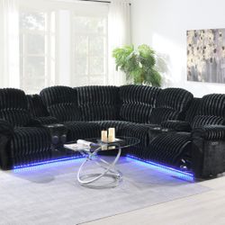 Bluetooth Speakers, Power Recliners, LED Lights USB Ports All Wrapped In Plush Corduroy Black Or Gray