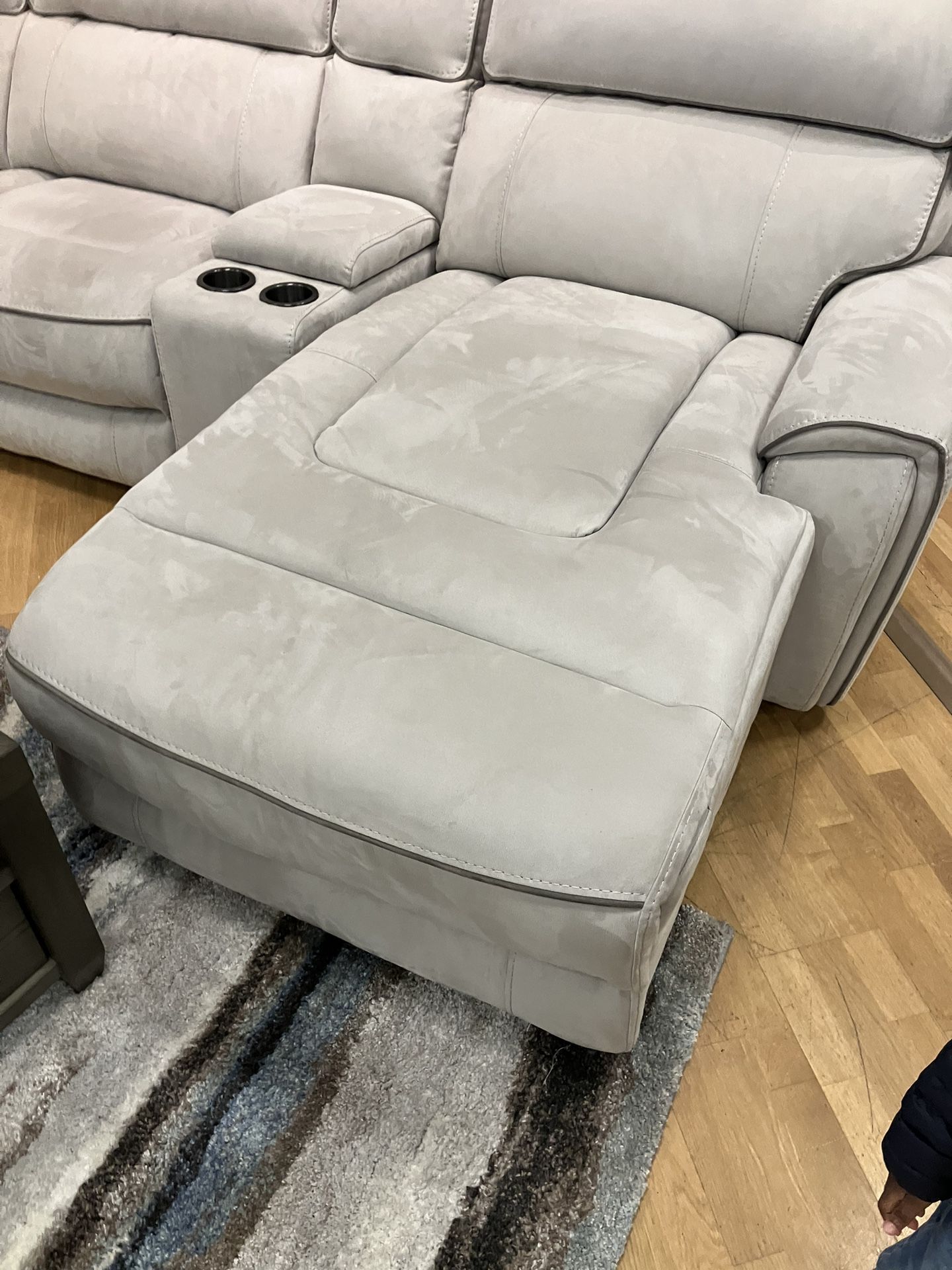 In New Condition Grey Suede Recliner Couch 