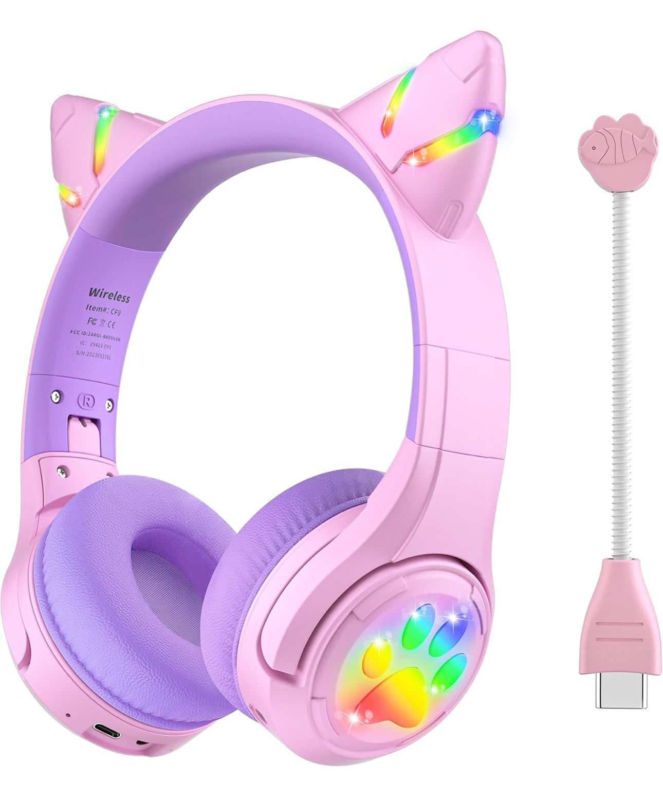 BRAND NEW Cat Ear Kids Wireless & Wired Bluetooth Headphones with LED Light Up Built-in Mic&Boom Mic for Tablet/Airplane/School/Online Learning