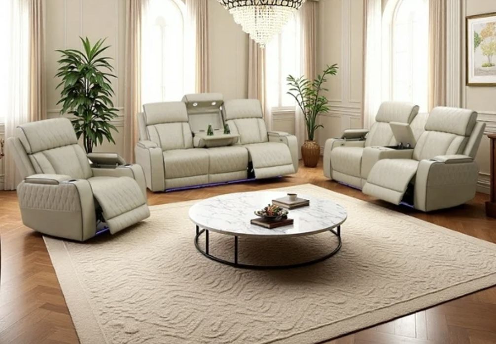 Power Electric Beige Cream Leather Fully Reclining Couch Set