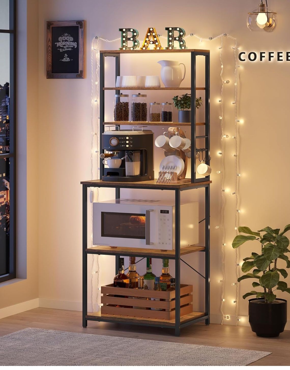 Coffee Bar, Baker’s Rack for Kitchen with Storage, 6-Tier Kitchen Shelves with 6 Hooks, Microwave Stand, Industrial, 15.7 x 23.6 x 65.7 Inches, Rustic