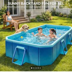 260*165*55cm Foldable Swimming Pool Family Rectangylar Aboye Ground Pool for Kids Andadults , Foldable Pool, Non-Inflatable Swimming Pool for Adults &