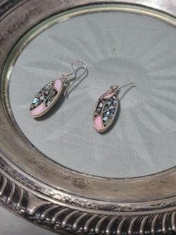 Abalone and Pink Stone Inlay Drop Earrings