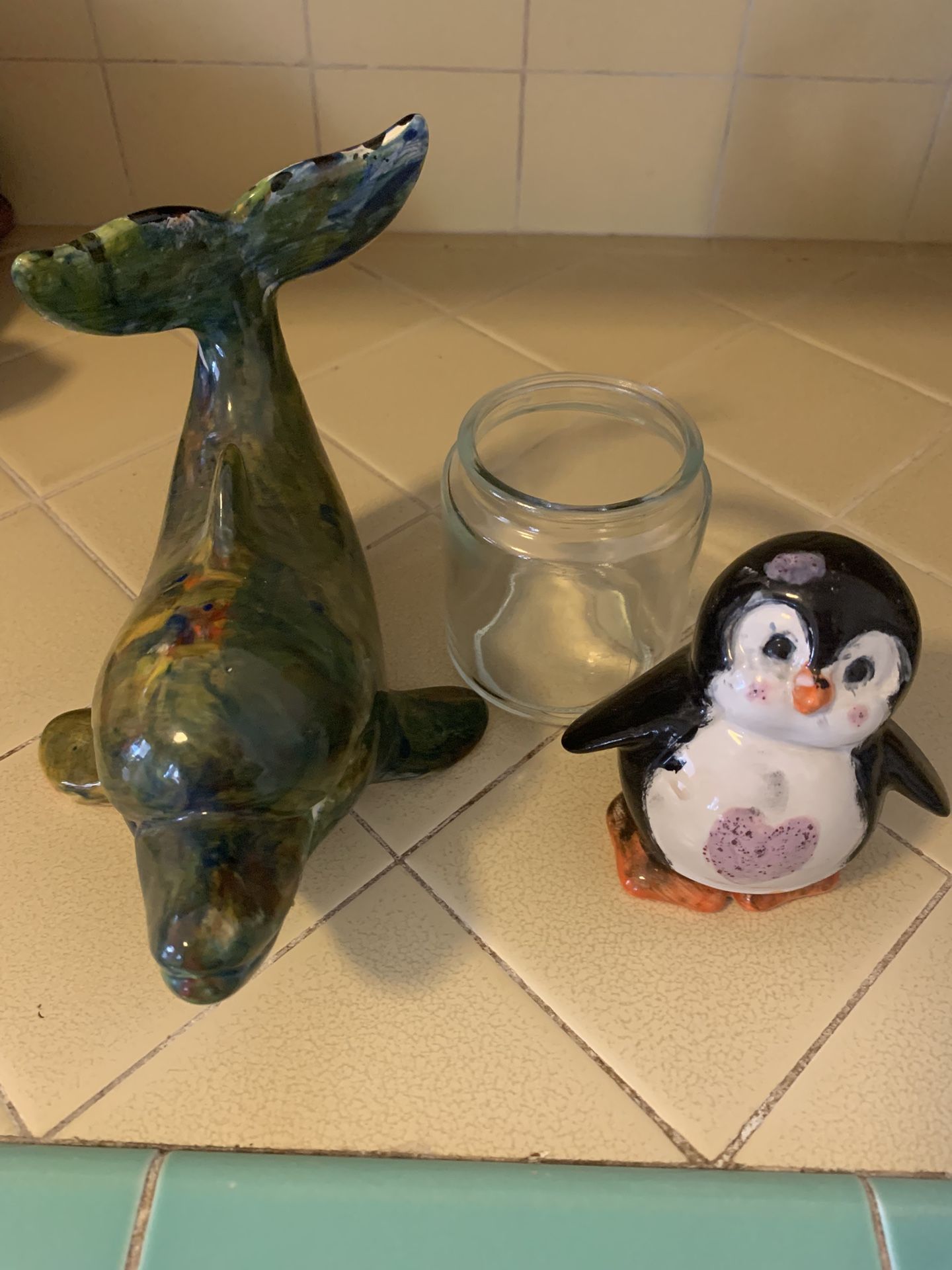 Free! Glass Jar, Ceramic Penguin And Dolphin