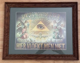 VINTAGE EUROPEAN FOLK ART RELIGIOUS PRINT GOD ZIET MIJ HIER VLOEKT MEN NIET 