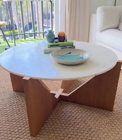 Crate & Barrel 41” Genuine Marble Round Coffee Table – Solid Wood Base