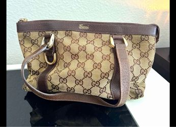 Gucci GG Monogram Canvas Brown Leather Shoulder Bag Tote Vintage