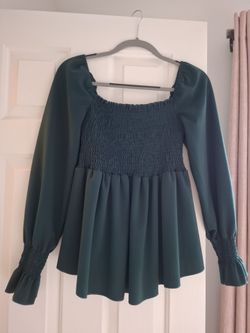 Teal Smocked Peplum Long Sleeve Top