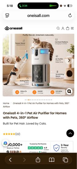 Oneisall 4-in-1 Pet Air Purifier for Homes with Pets, 360° Airflow