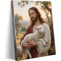 Jesus Wall Art, Christian Canvas, Handmade Jesus Oil Painting, Bible Scripture Mural （The tenderness of a shepherd） 