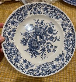 Vintage Genuine Hand Engraving Collectible Ridgway Ironstone Est. 1792 Staffordshire England Clifton Cobalt Blue & White Floral Dinner Plate