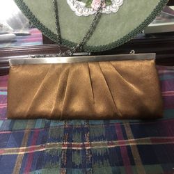 Bronze Cloth Handbag With Long Chain 