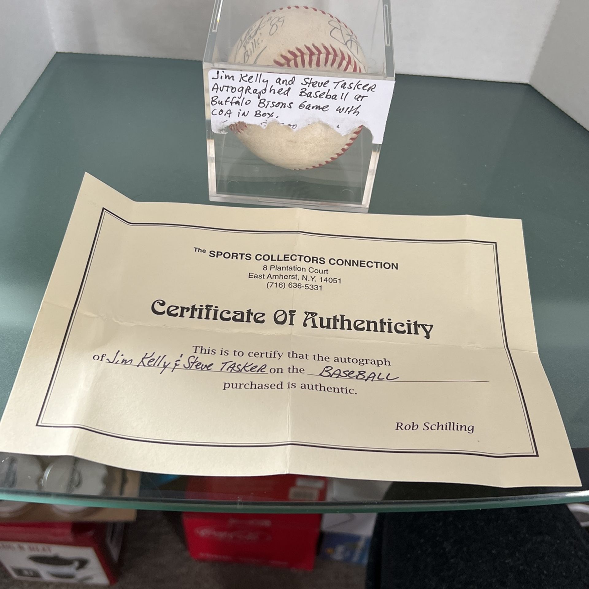 Jim Kelly & Steve Tasker Autographed Baseball At Buffalo Bisons Game