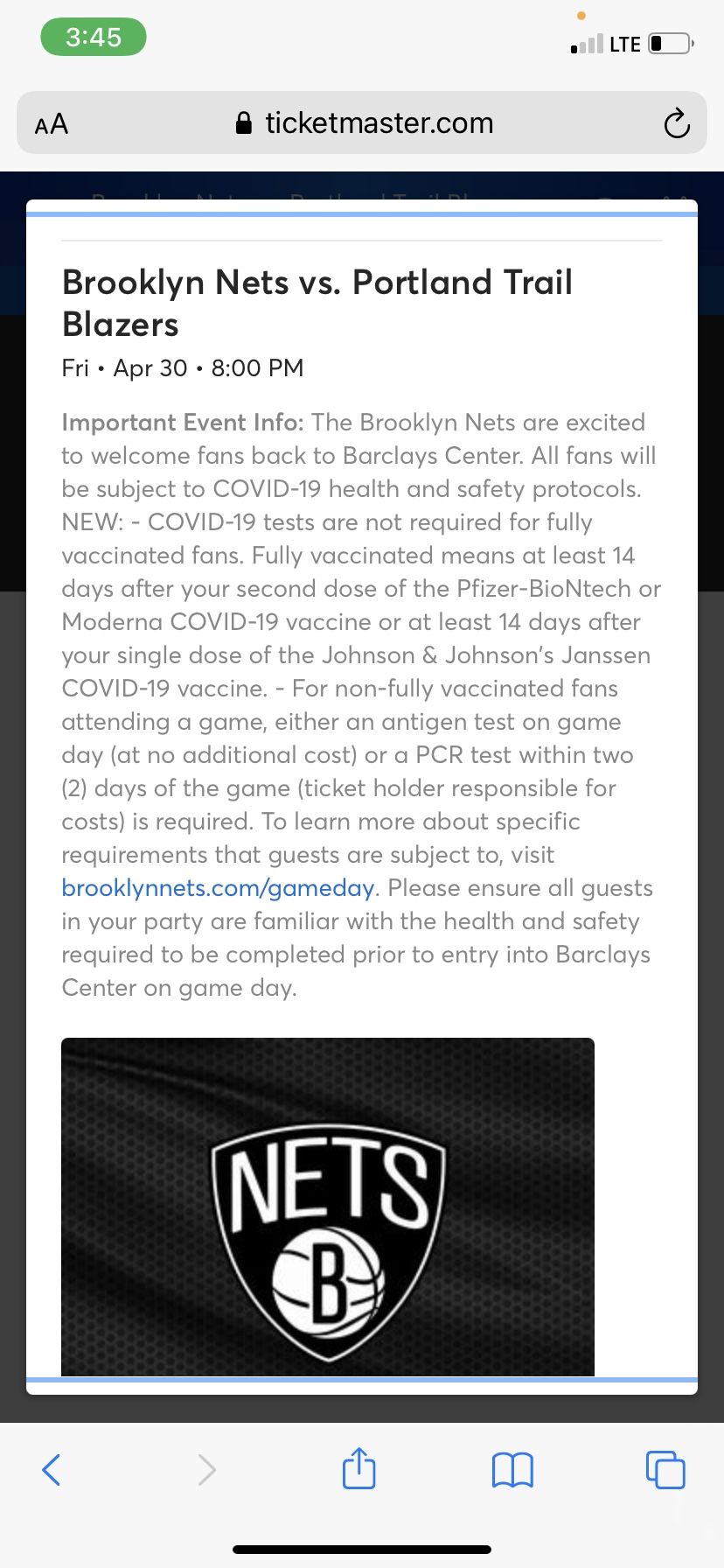 Brooklyn Nets &Portland Tickets 4 Seats Together
