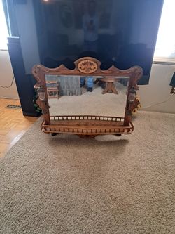 Solid Oak Vintage American Beveled Glass Mirror With Shelf,brass Candle Lanterns. Obo