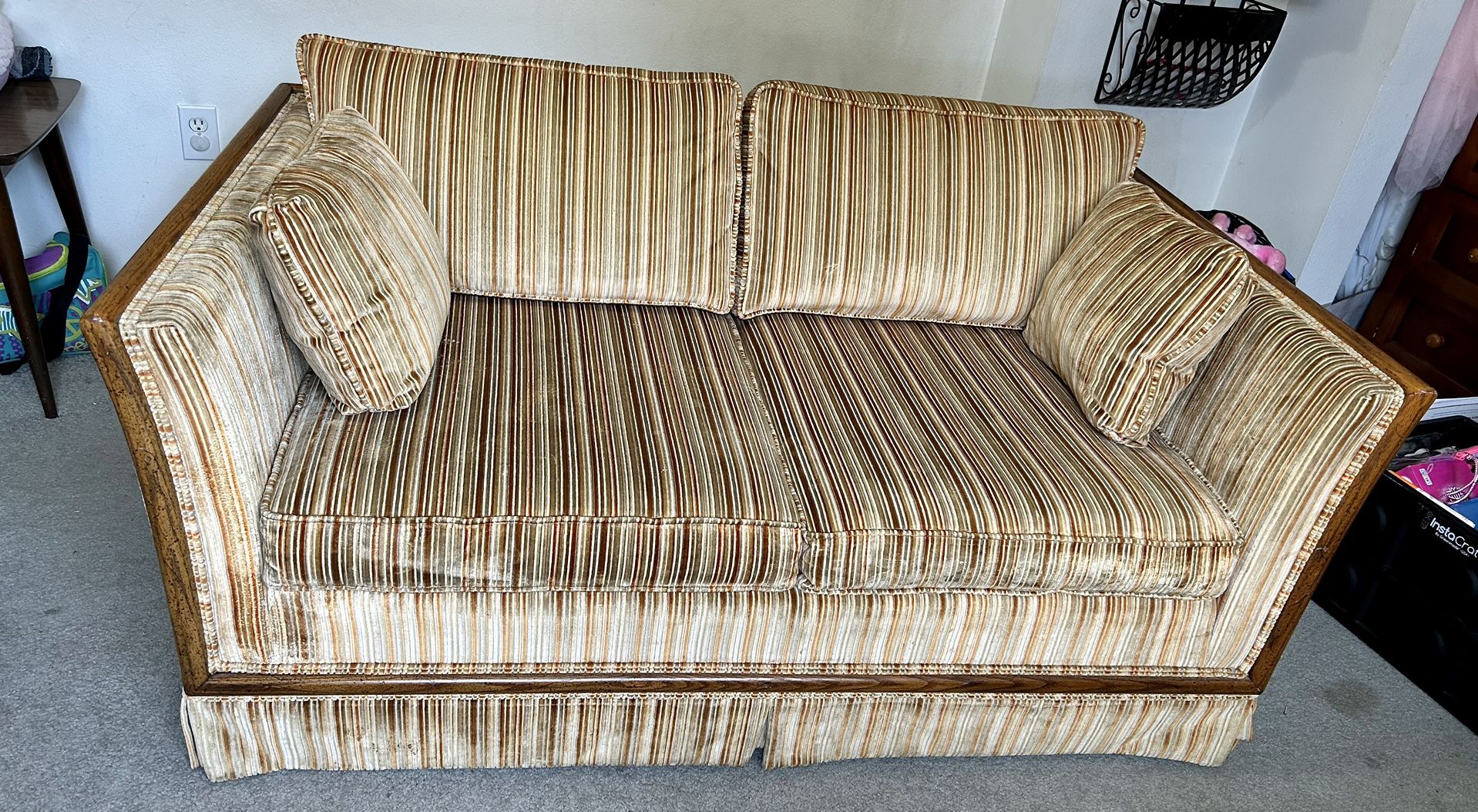Vintage 1970s Mid-Century Modern Broyhill Striped Velvet Tuxedo Loveseat With Wood Trim